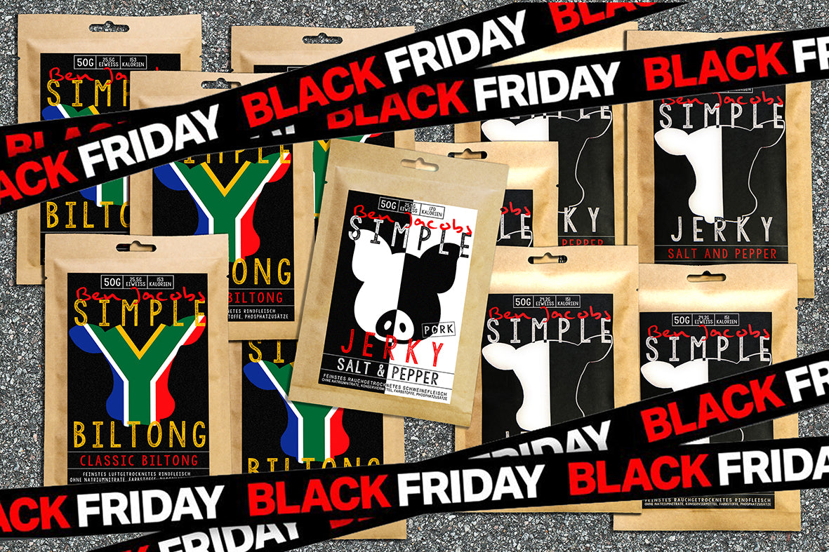 5 x 50g Beef Jerky + 5 x 50g Biltong + 1 gratispåse Pork Jerky