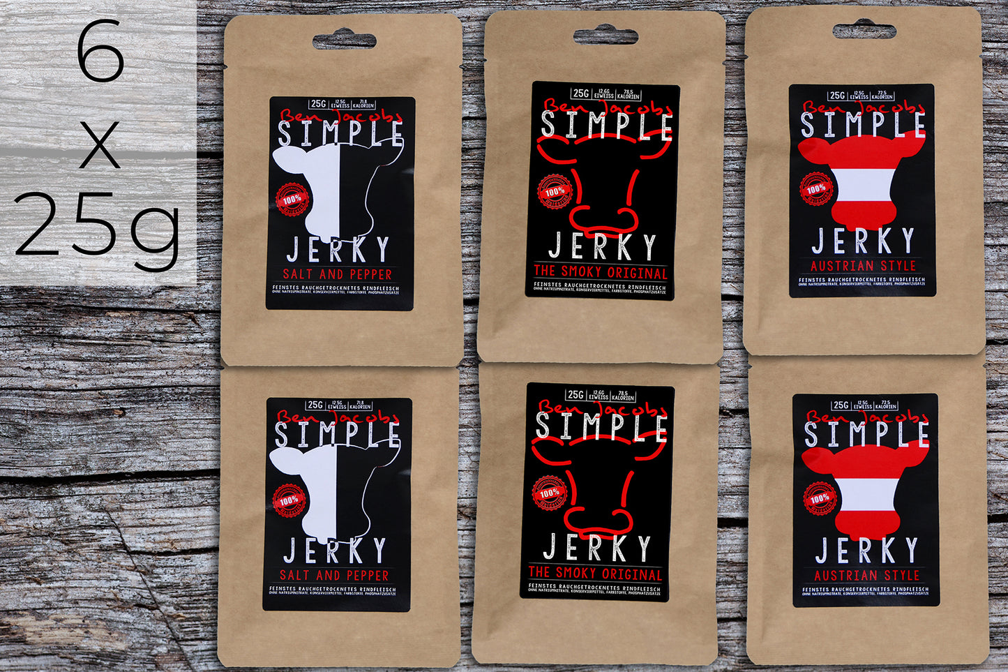 Simple Jerky Mild Box (3 Sorten, 6 x 25g) – Austrian Style, Salt & Pepper, und The Smoky Original. Hochwertiges Trockenfleisch mit natürlichen Zutaten.